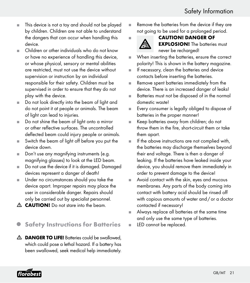 Safety information, Safety instructions for batteries | Florabest Z30688 User Manual | Page 21 / 24