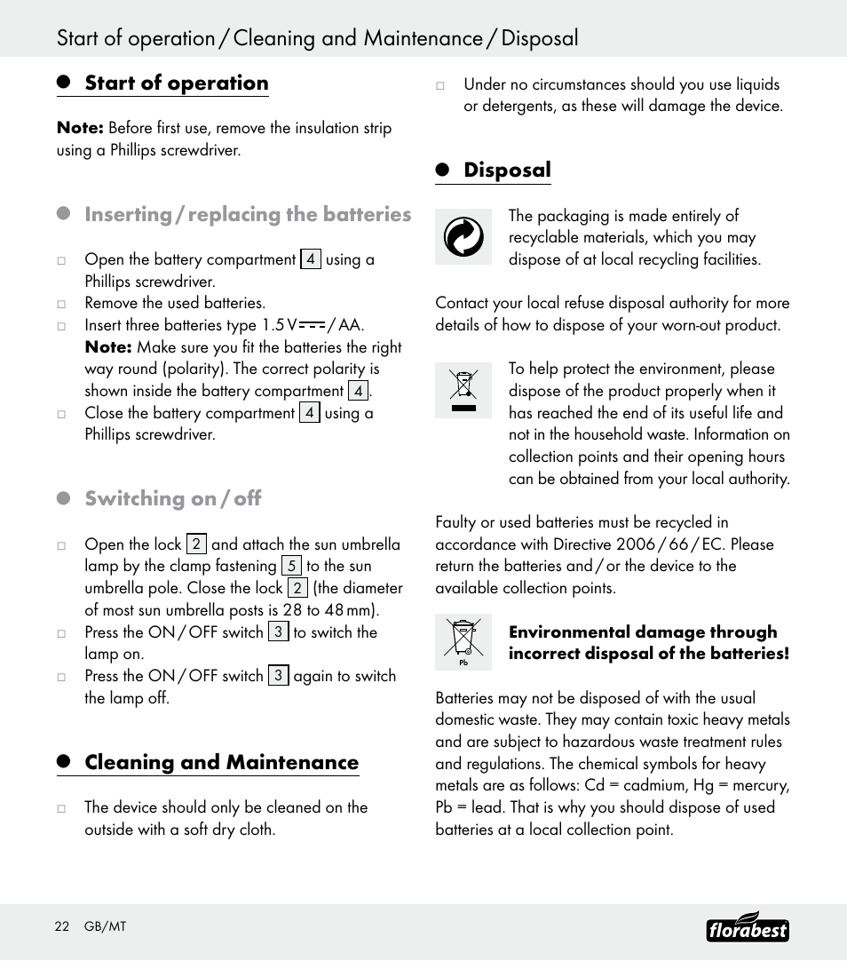 Start of operation, Inserting / replacing the batteries, Switching on / off | Cleaning and maintenance, Disposal | Florabest Z30688 User Manual | Page 22 / 24