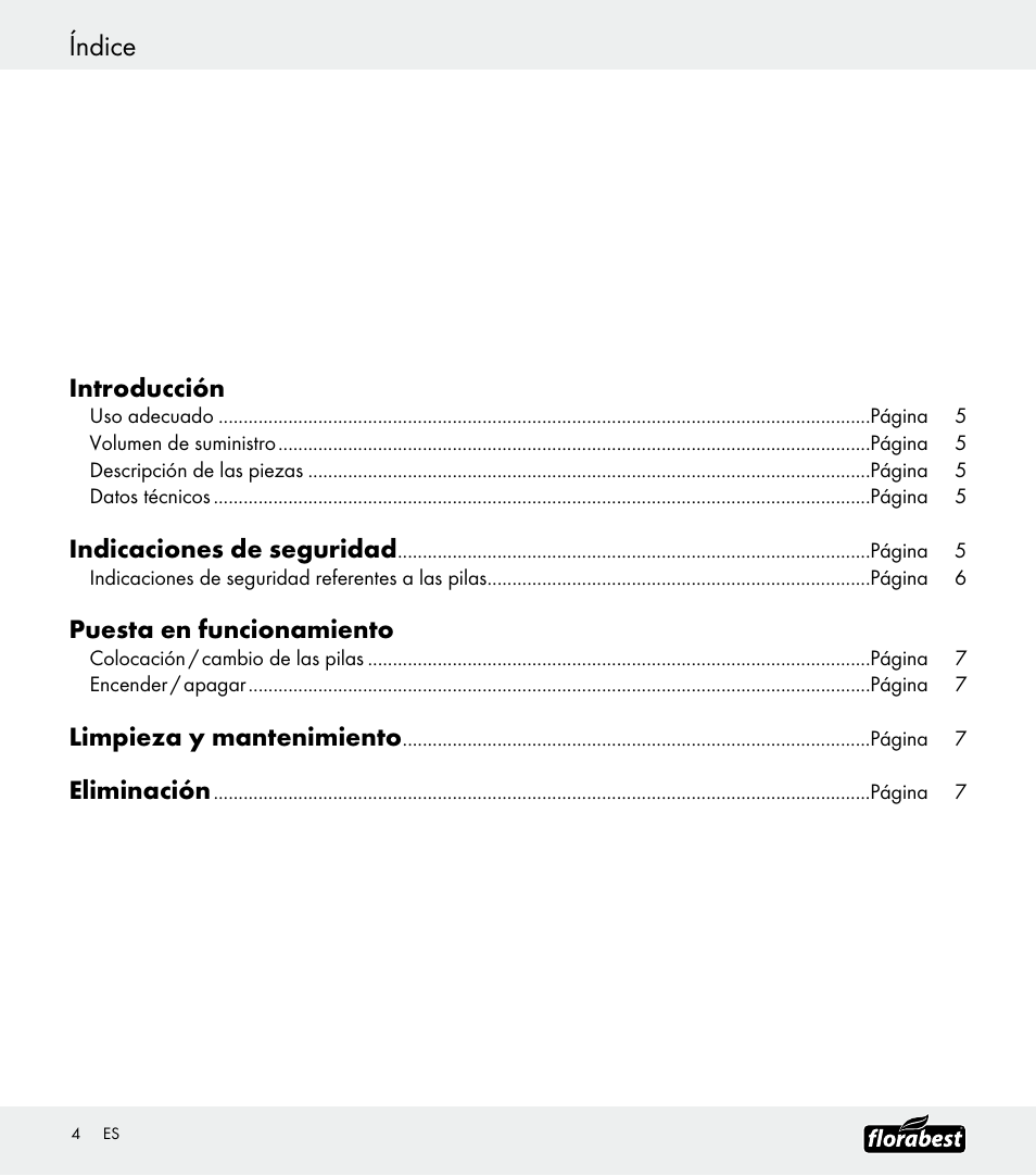 Índice, Introducción, Indicaciones de seguridad | Puesta en funcionamiento, Limpieza y mantenimiento, Eliminación | Florabest Z30688 User Manual | Page 4 / 24