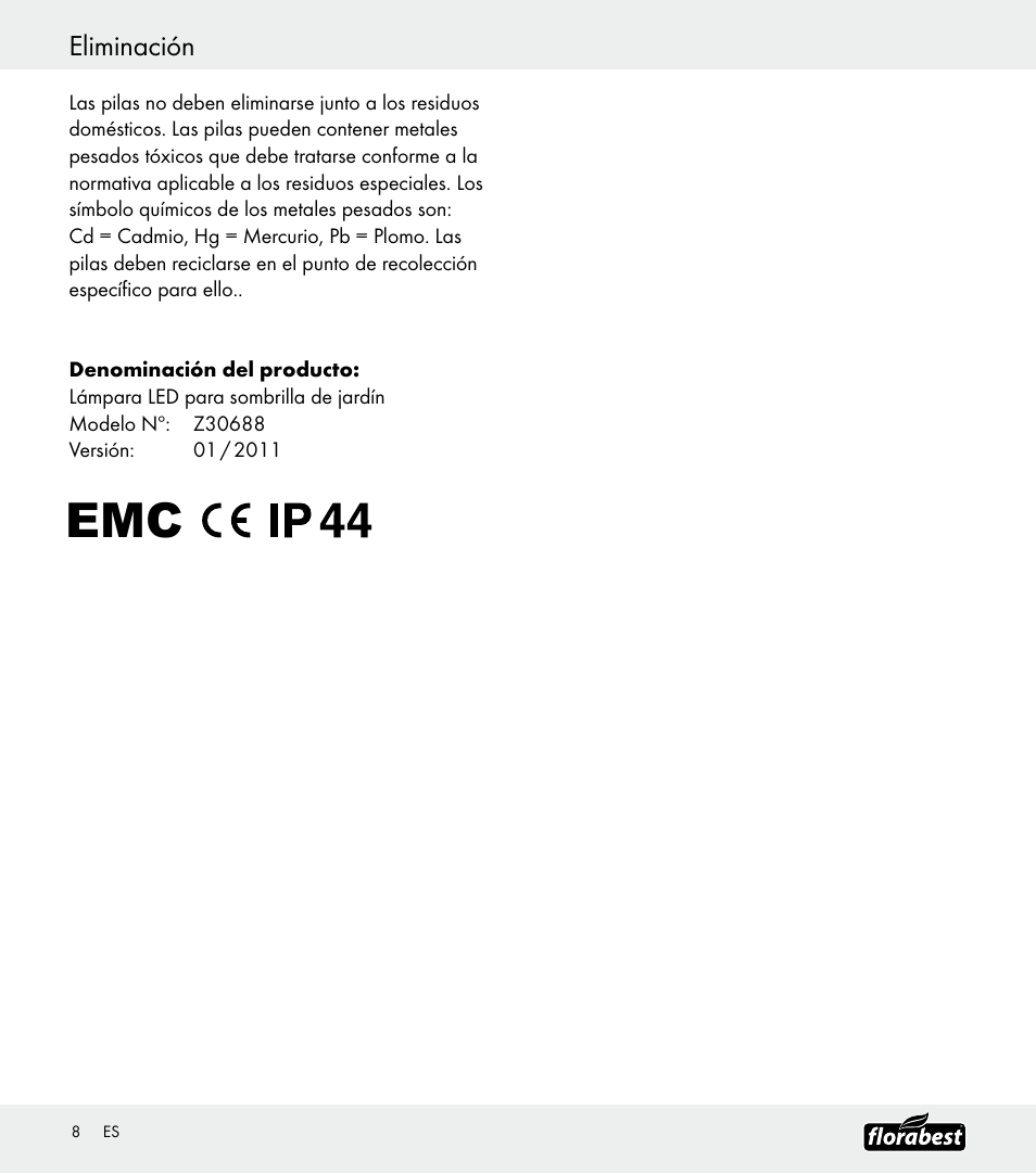 Eliminación | Florabest Z30688 User Manual | Page 8 / 24