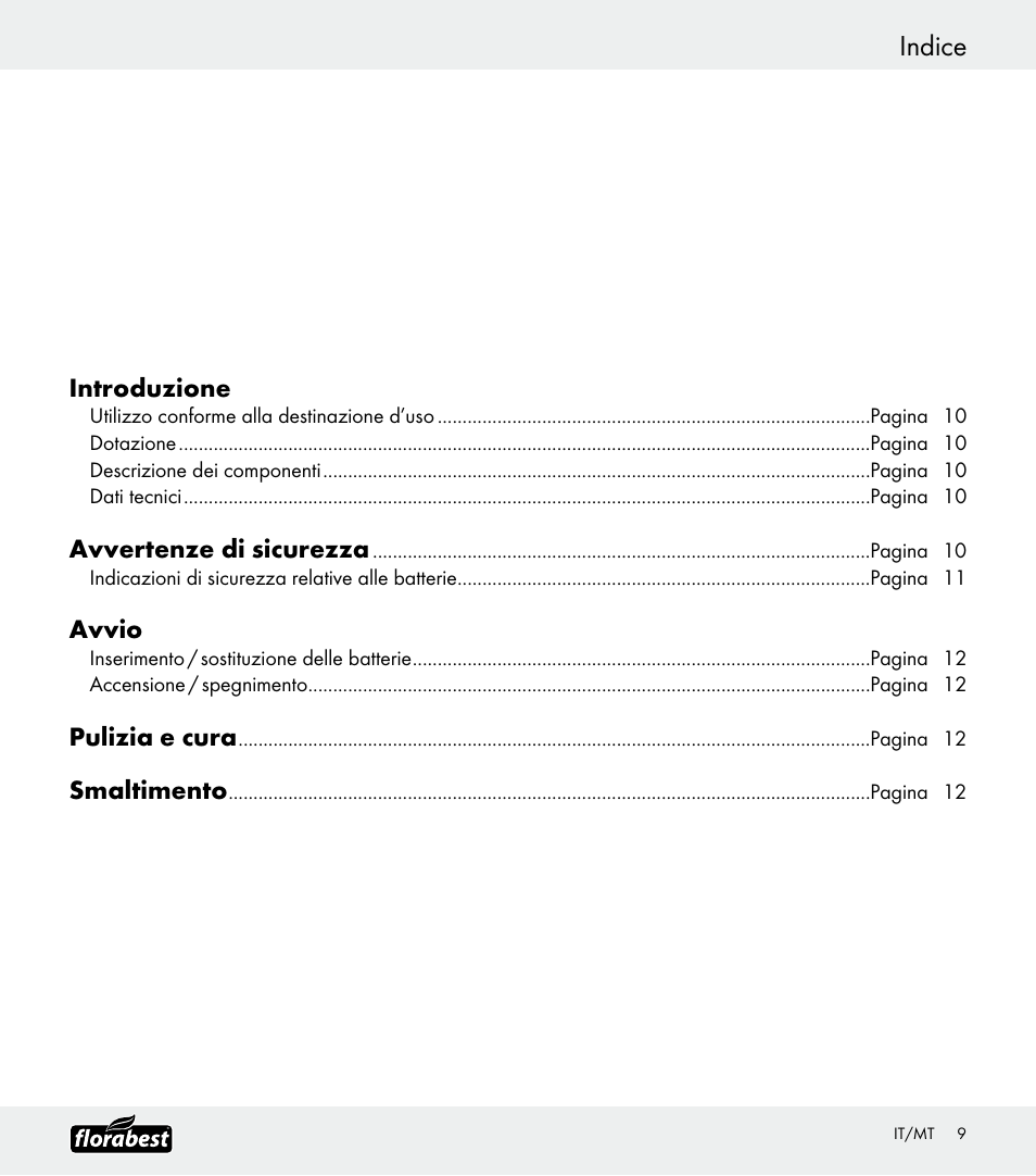 Indice, Introduzione, Avvertenze di sicurezza | Avvio, Pulizia e cura, Smaltimento | Florabest Z30688 User Manual | Page 9 / 24