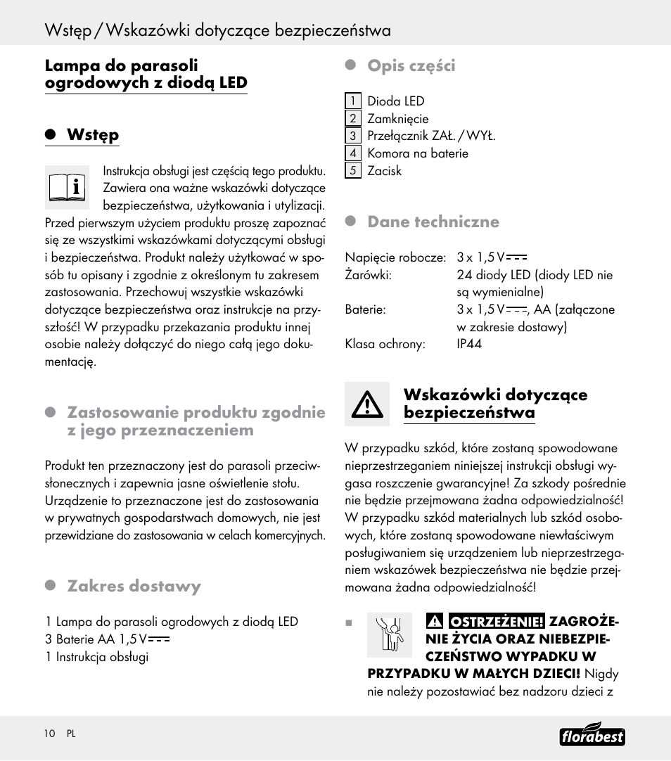 Wstęp / wskazówki dotyczące bezpieczeństwa, Lampa do parasoli ogrodowych z diodą led, Wstęp | Zakres dostawy, Opis części, Dane techniczne, Wskazówki dotyczące bezpieczeństwa | Florabest Z30688 User Manual | Page 10 / 32