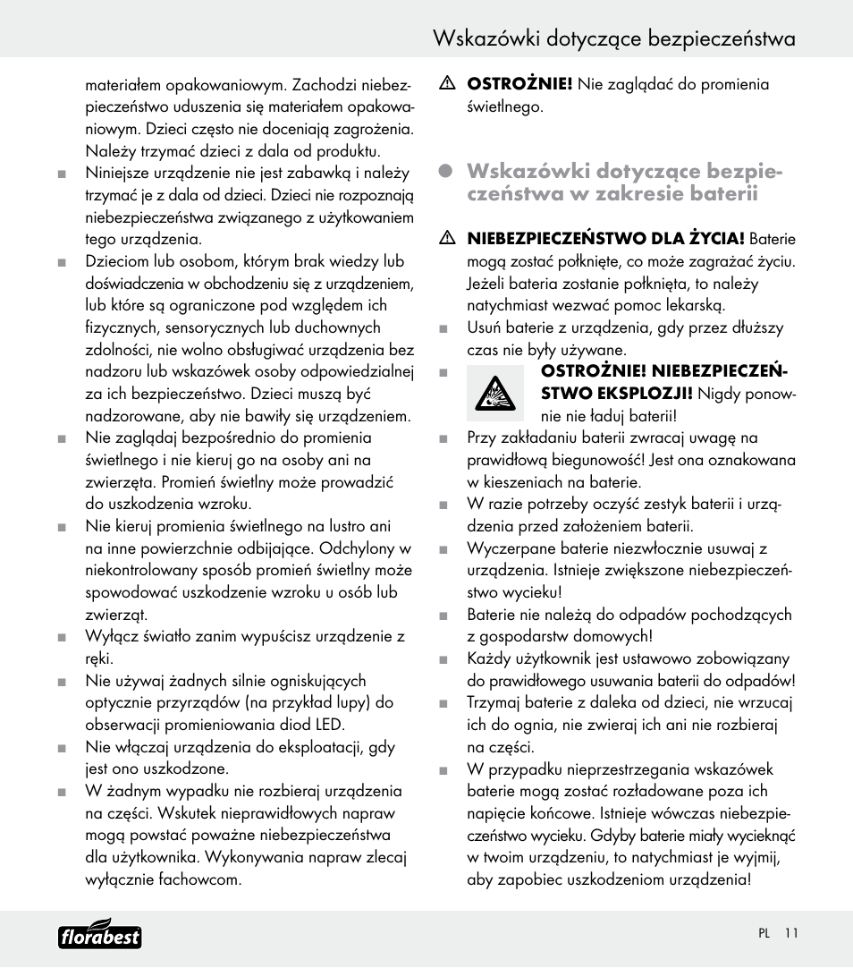 Wskazówki dotyczące bezpieczeństwa | Florabest Z30688 User Manual | Page 11 / 32
