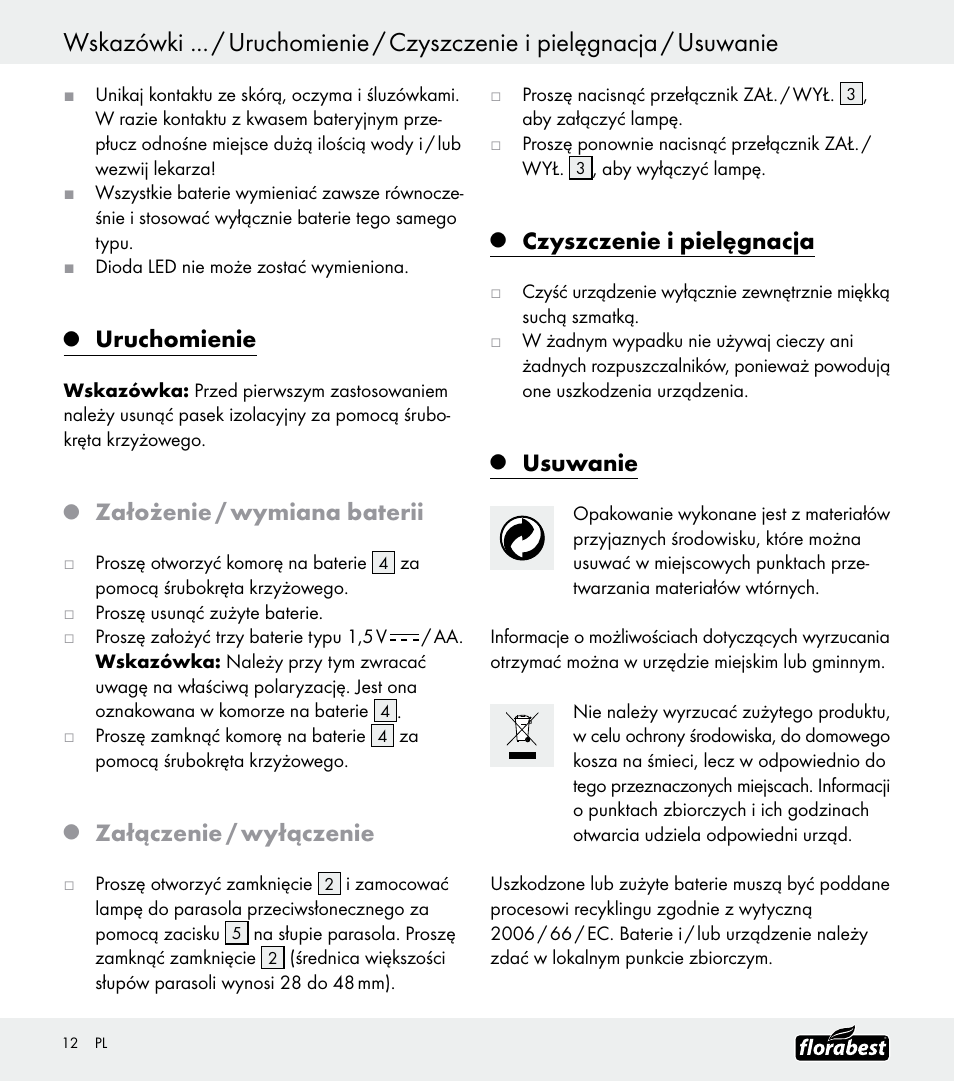 Uruchomienie, Założenie / wymiana baterii, Załączenie / wyłączenie | Czyszczenie i pielęgnacja, Usuwanie | Florabest Z30688 User Manual | Page 12 / 32