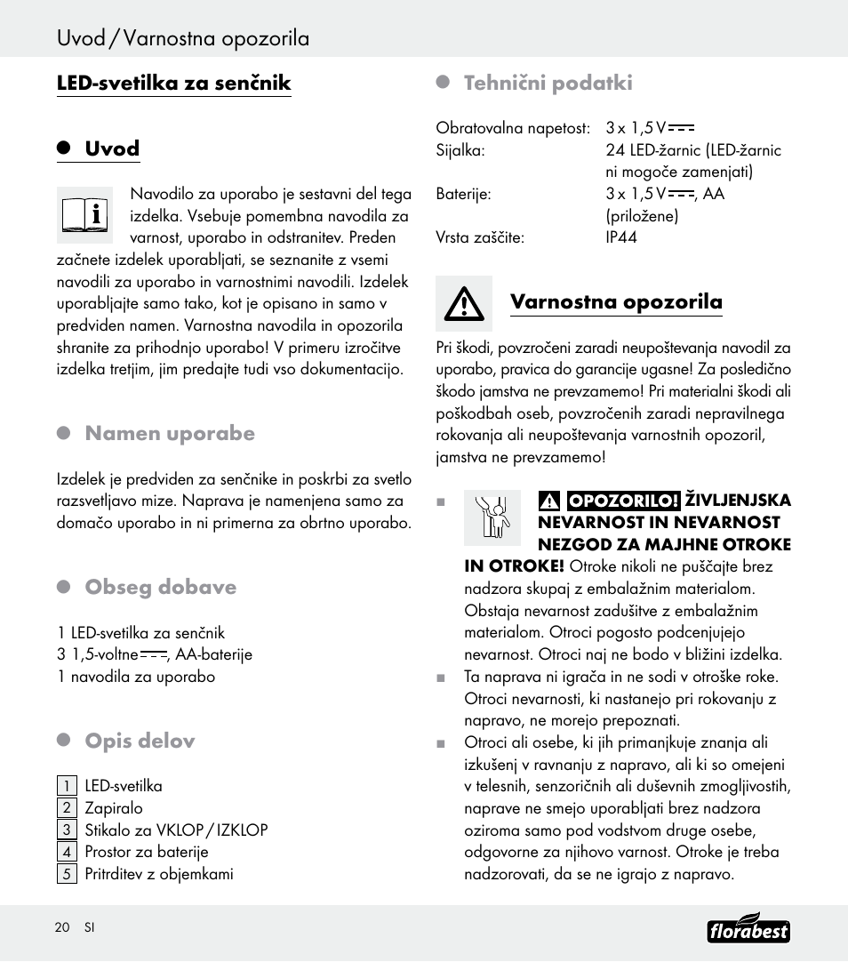 Uvod / varnostna opozorila, Led-svetilka za senčnik, Uvod | Namen uporabe, Obseg dobave, Opis delov, Tehnični podatki, Varnostna opozorila | Florabest Z30688 User Manual | Page 20 / 32