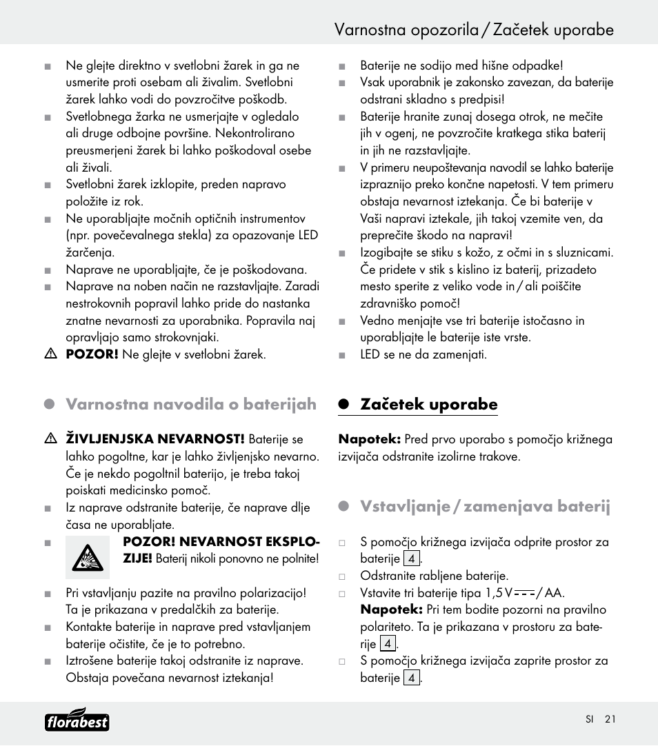Varnostna opozorila / začetek uporabe, Varnostna navodila o baterijah, Začetek uporabe | Vstavljanje / zamenjava baterij | Florabest Z30688 User Manual | Page 21 / 32