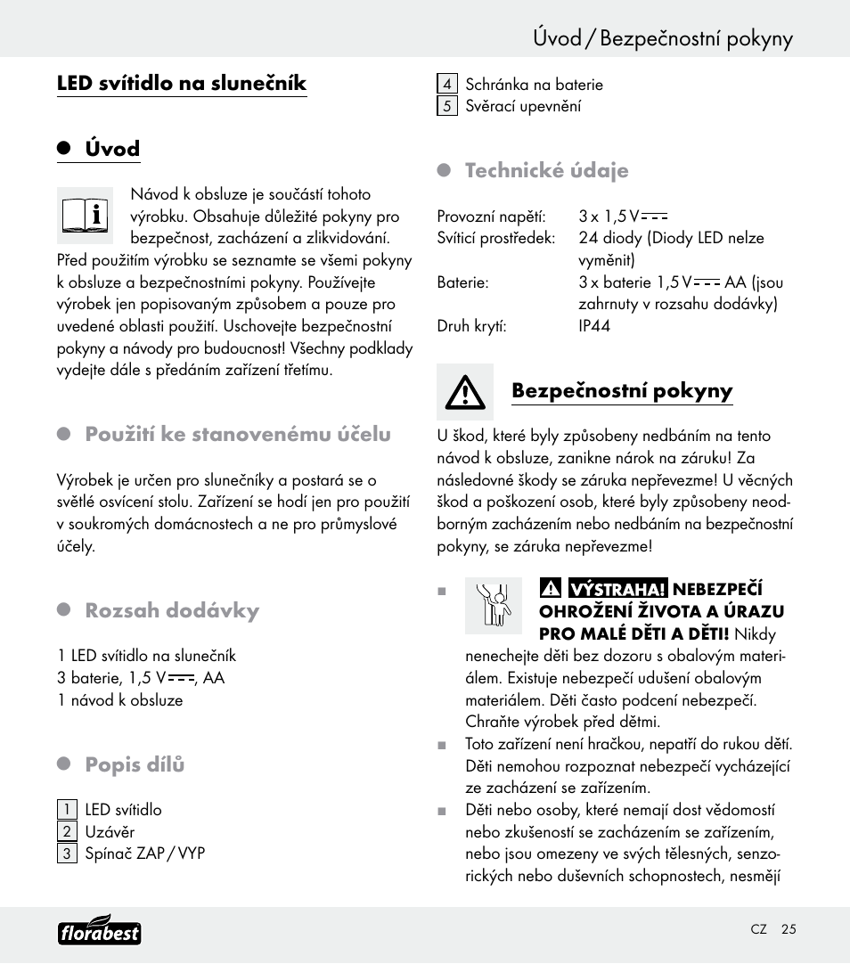 Úvod / bezpečnostní pokyny, Led svítidlo na slunečník, Úvod | Použití ke stanovenému účelu, Rozsah dodávky, Popis dílů, Technické údaje, Bezpečnostní pokyny | Florabest Z30688 User Manual | Page 25 / 32