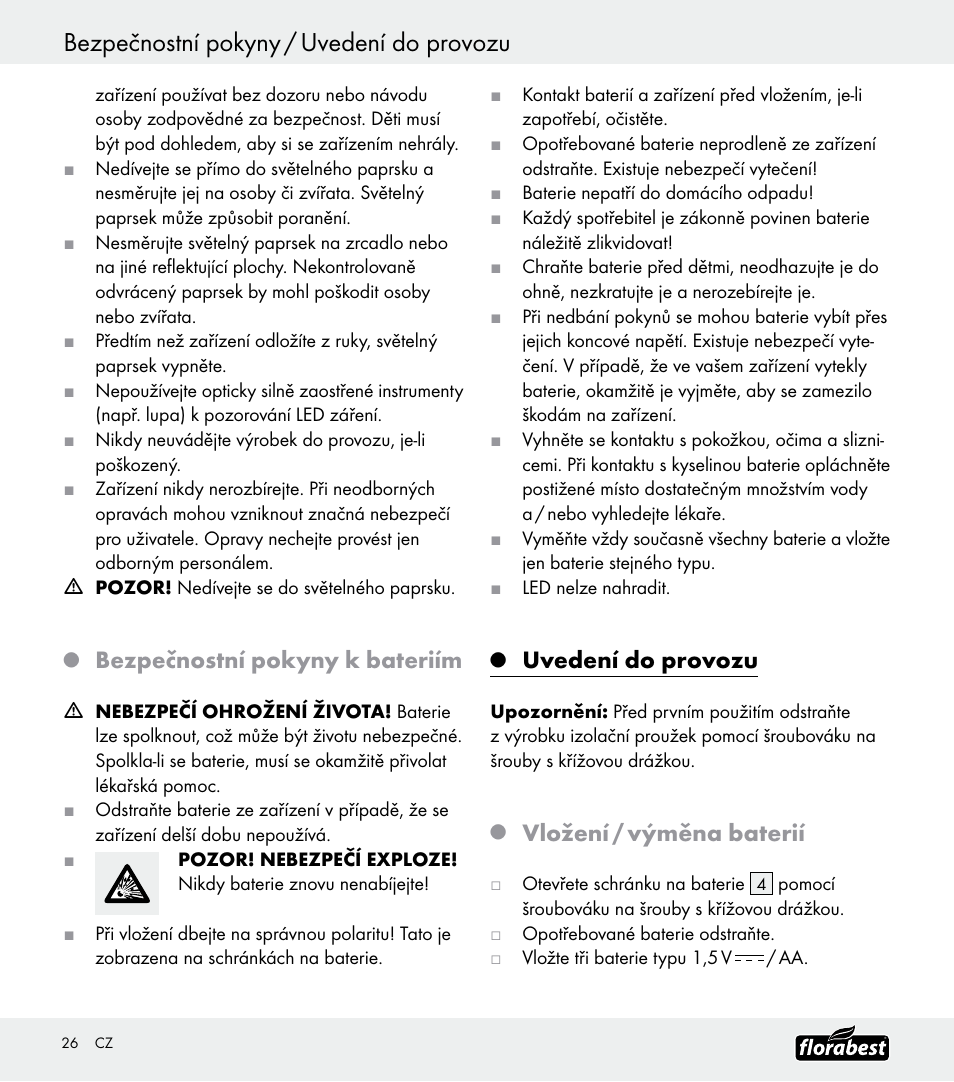 Bezpečnostní pokyny / uvedení do provozu, Bezpečnostní pokyny k bateriím, Uvedení do provozu | Vložení / výměna baterií | Florabest Z30688 User Manual | Page 26 / 32