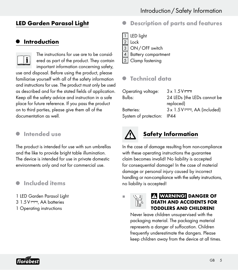 Introduction / safety information, Led garden parasol light, Introduction | Intended use, Included items, Description of parts and features, Technical data, Safety information | Florabest Z30688 User Manual | Page 5 / 32
