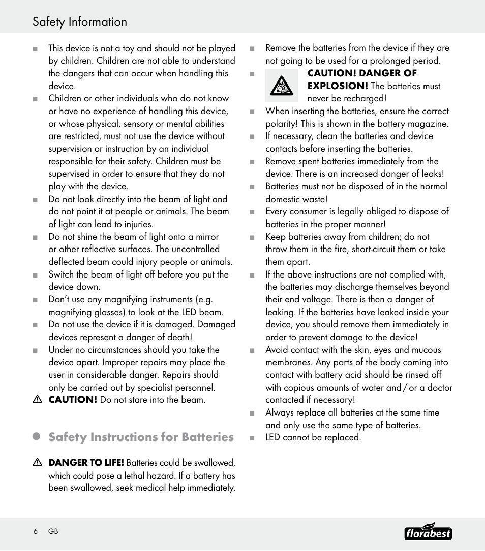 Safety information, Safety instructions for batteries | Florabest Z30688 User Manual | Page 6 / 32