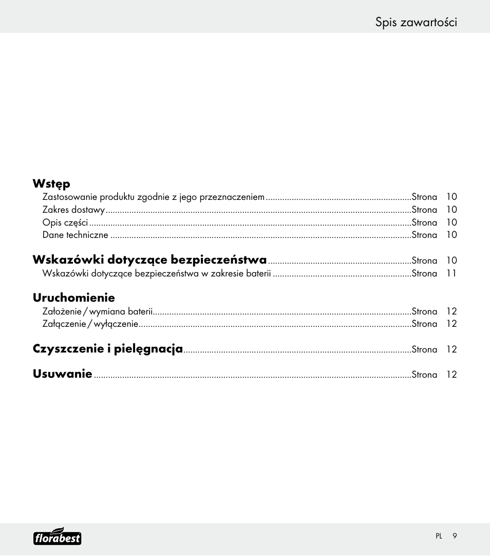 Spis zawartości, Wstęp, Wskazówki dotyczące bezpieczeństwa | Uruchomienie, Czyszczenie i pielęgnacja, Usuwanie | Florabest Z30688 User Manual | Page 9 / 32