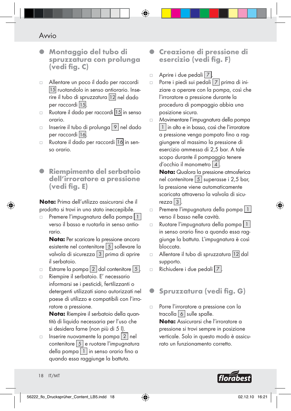 Avvio, Creazione di pressione di esercizio (vedi ﬁg. f), Spruzzatura (vedi ﬁg. g) | Florabest Z30597 User Manual | Page 16 / 39