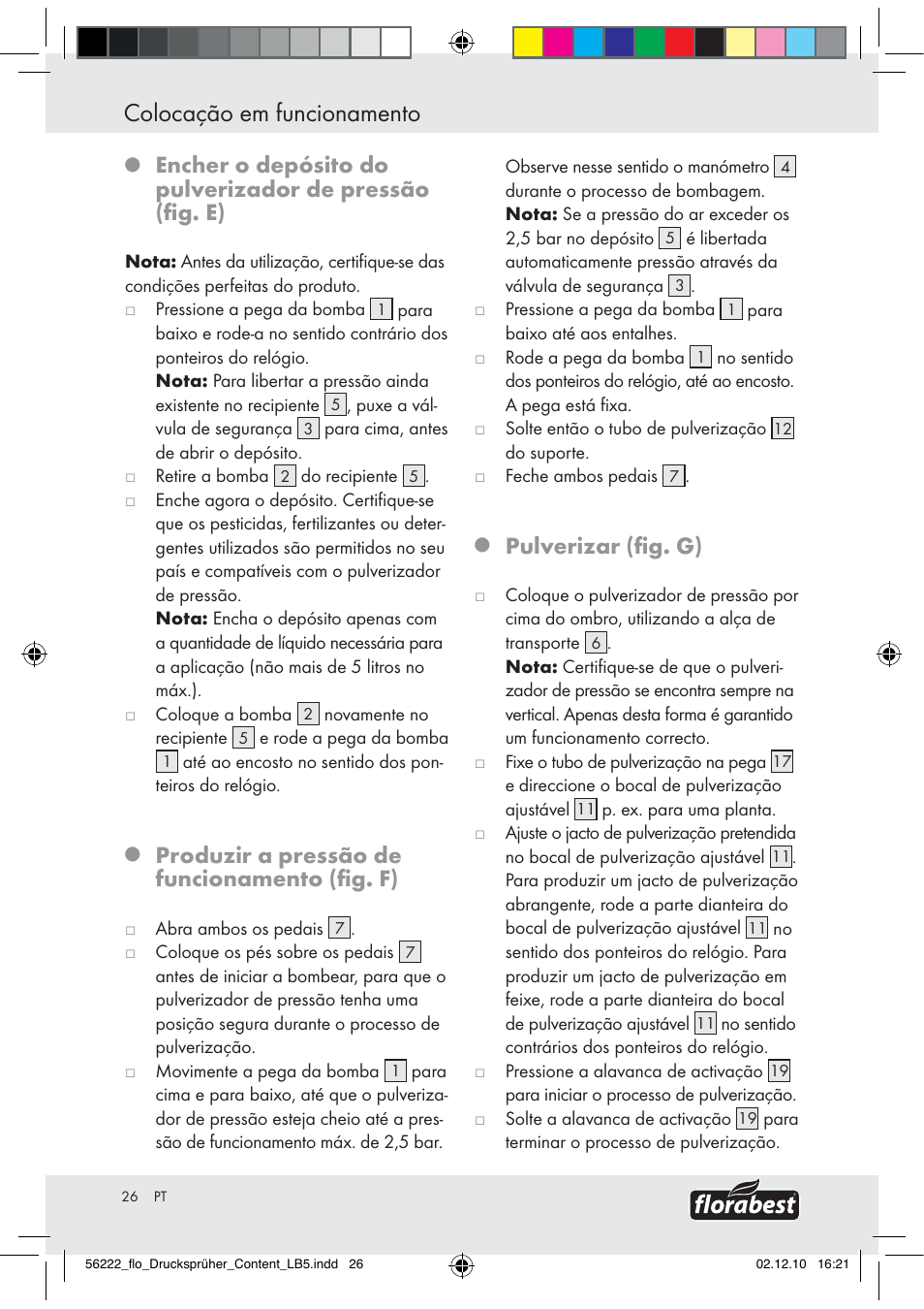 Colocação em funcionamento, Produzir a pressão de funcionamento (ﬁg. f), Pulverizar (ﬁg. g) | Florabest Z30597 User Manual | Page 24 / 39