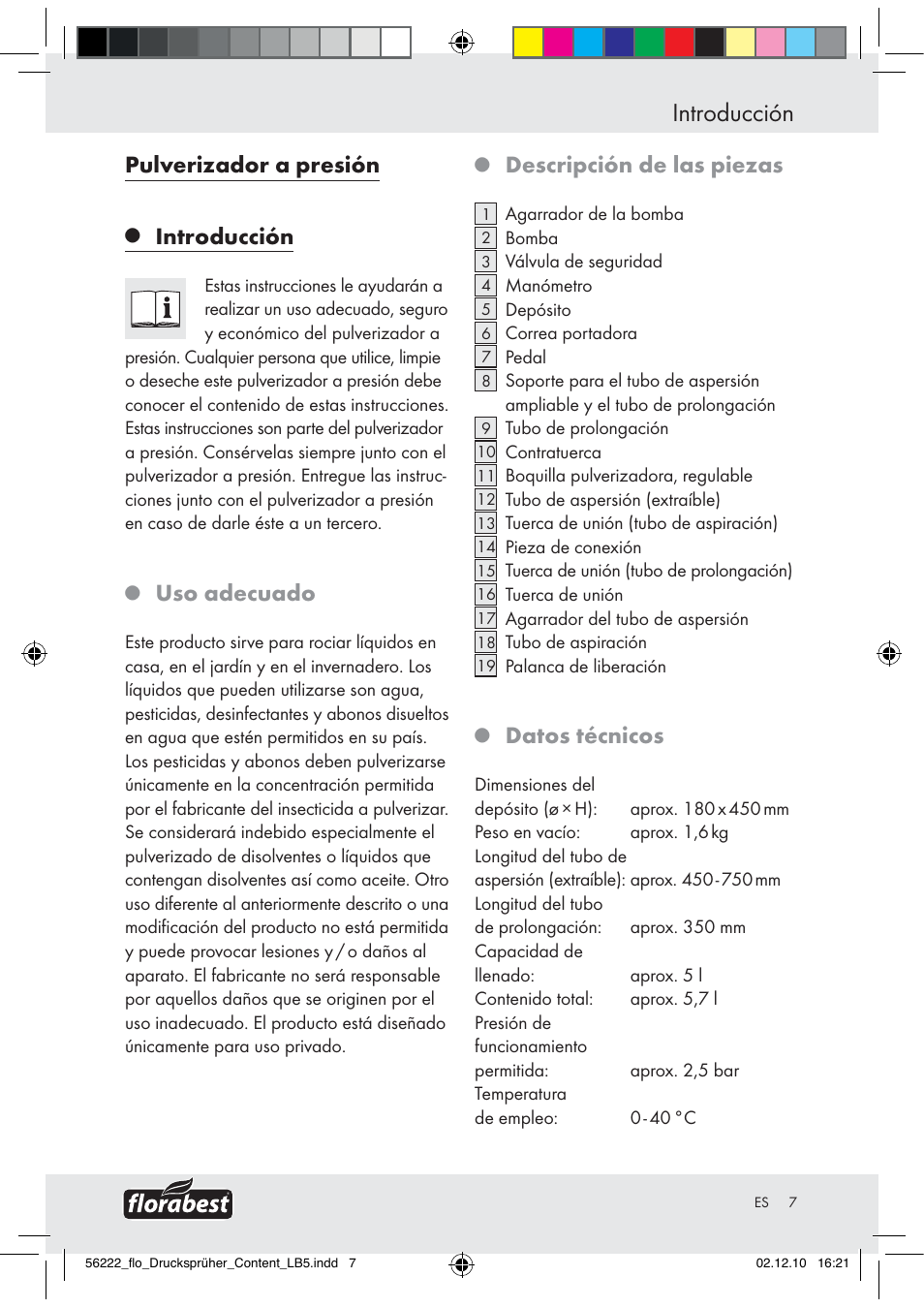 Introducción, Pulverizador a presión, Uso adecuado | Descripción de las piezas, Datos técnicos | Florabest Z30597 User Manual | Page 5 / 39