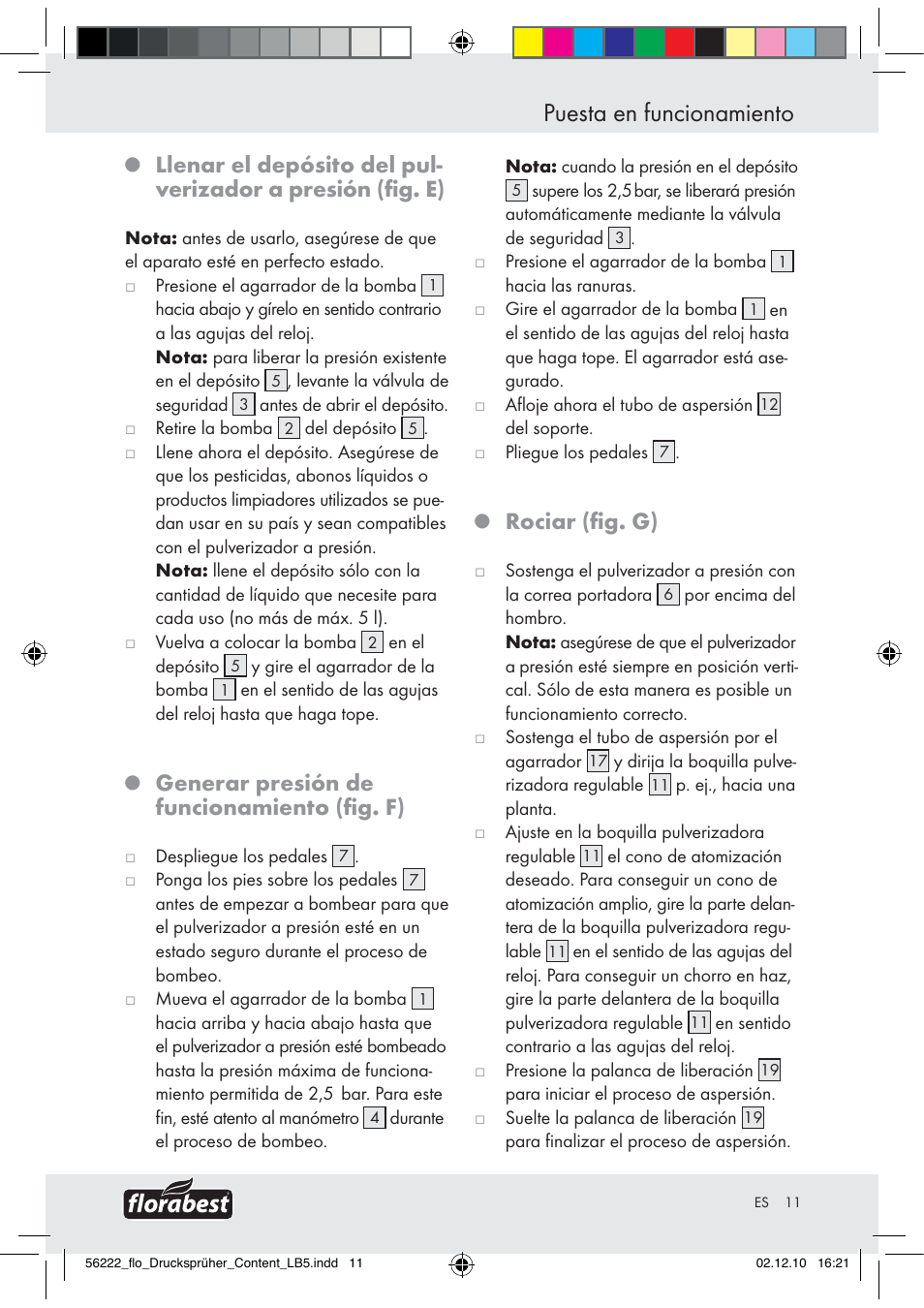 Puesta en funcionamiento, Generar presión de funcionamiento (ﬁg. f), Rociar (ﬁg. g) | Florabest Z30597 User Manual | Page 9 / 39