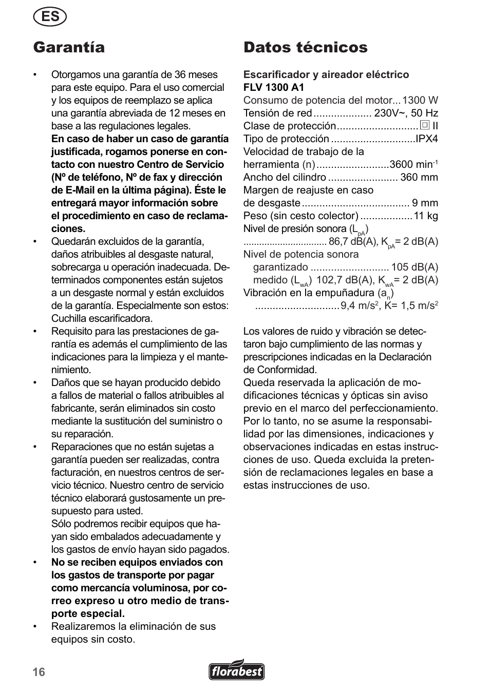 Garantía, Datos técnicos | Florabest FLV 1300 A1 User Manual | Page 16 / 74