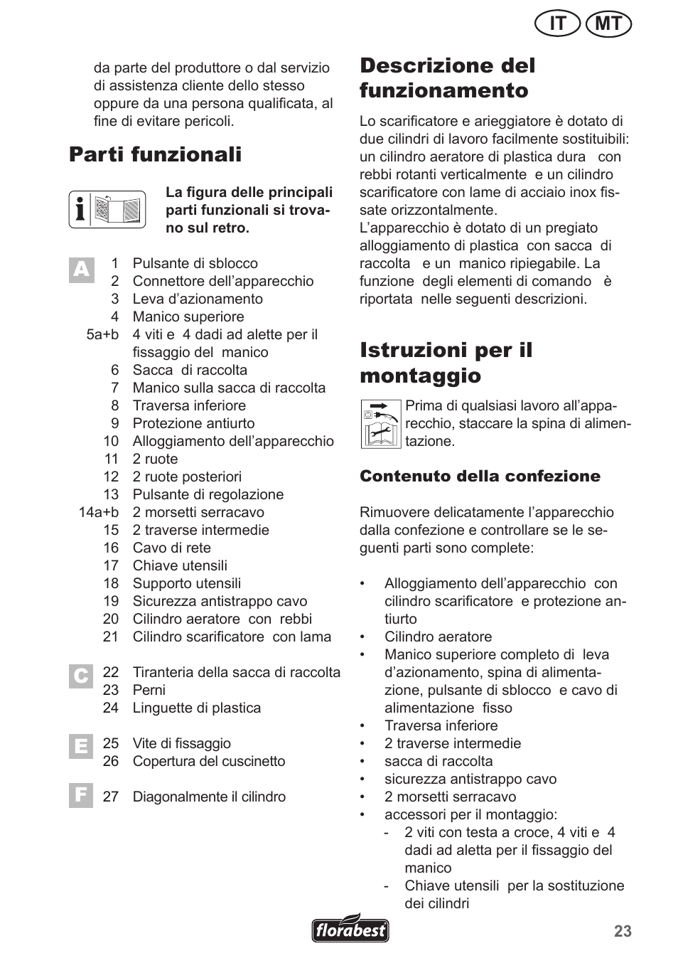 Parti funzionali, Descrizione del funzionamento, Istruzioni per il montaggio | Mt it | Florabest FLV 1300 A1 User Manual | Page 23 / 74