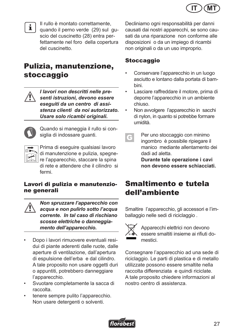 Pulizia, manutenzione, stoccaggio, Smaltimento e tutela dell’ambiente, Mt it | Florabest FLV 1300 A1 User Manual | Page 27 / 74