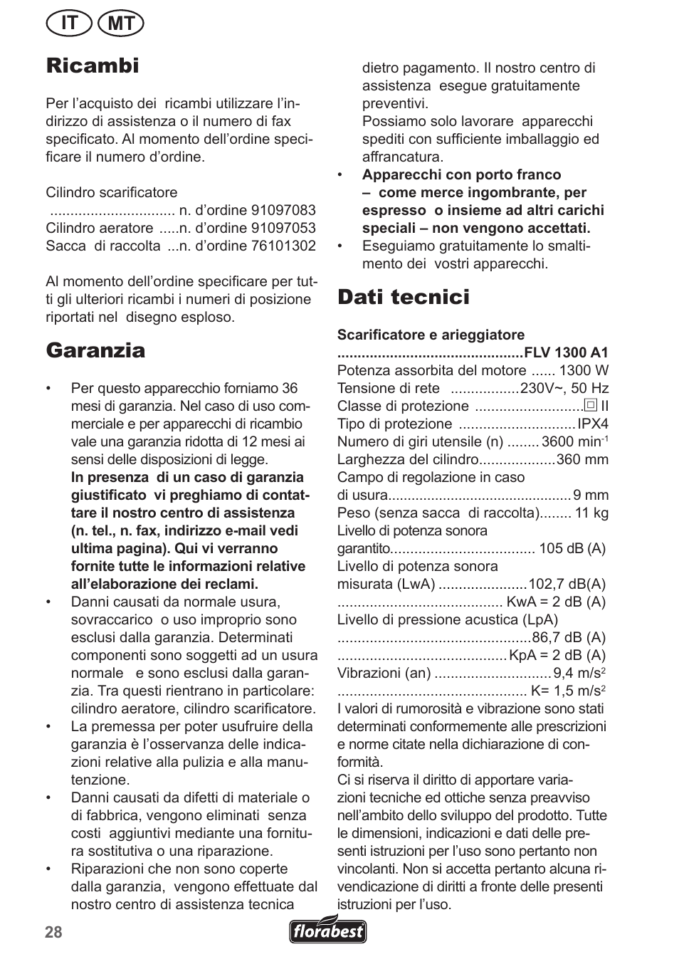 Ricambi, Garanzia, Dati tecnici | Mt it | Florabest FLV 1300 A1 User Manual | Page 28 / 74