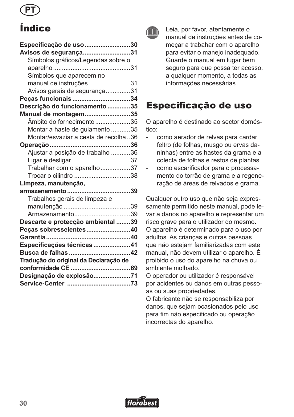 Índice, Especificação de uso | Florabest FLV 1300 A1 User Manual | Page 30 / 74