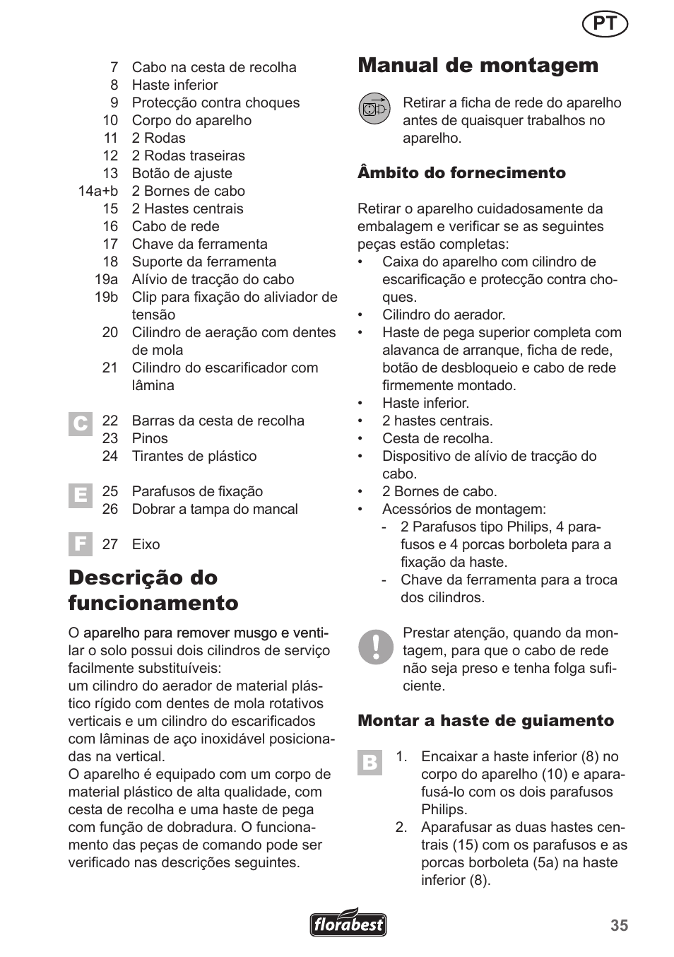 Descrição do funcionamento, Manual de montagem | Florabest FLV 1300 A1 User Manual | Page 35 / 74