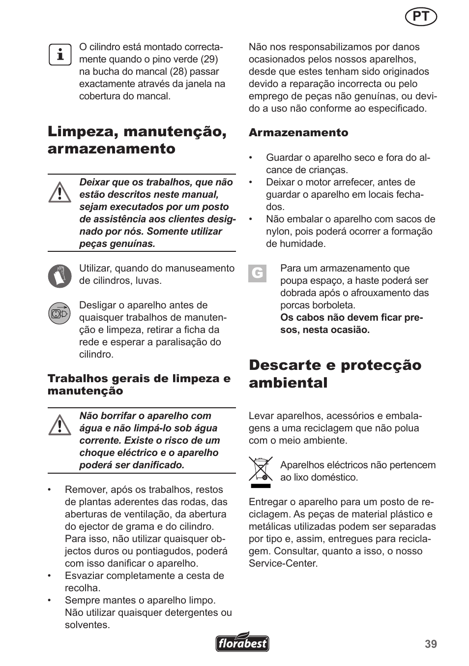 Limpeza, manutenção, armazenamento, Descarte e protecção ambiental | Florabest FLV 1300 A1 User Manual | Page 39 / 74