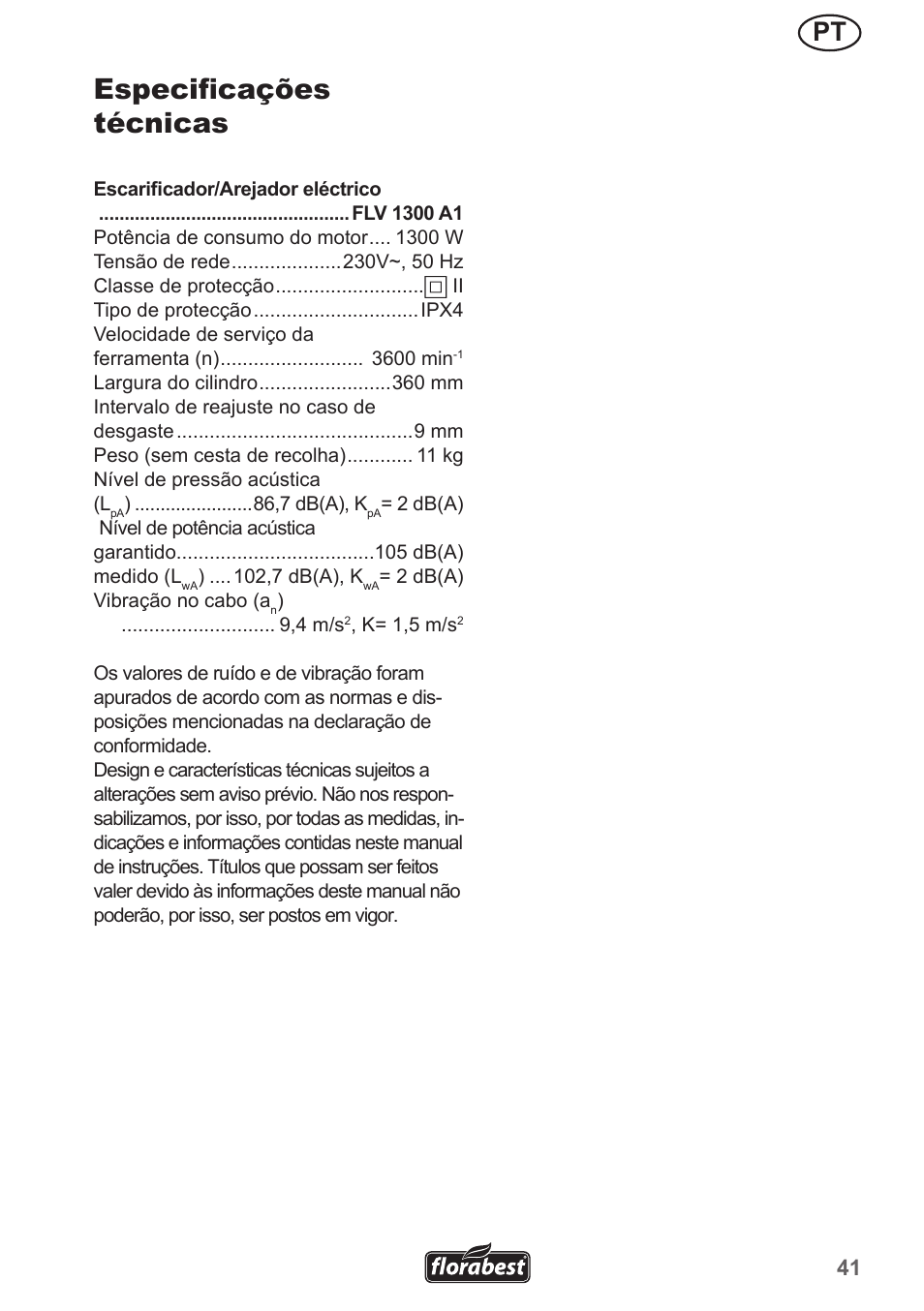 Especificações técnicas | Florabest FLV 1300 A1 User Manual | Page 41 / 74