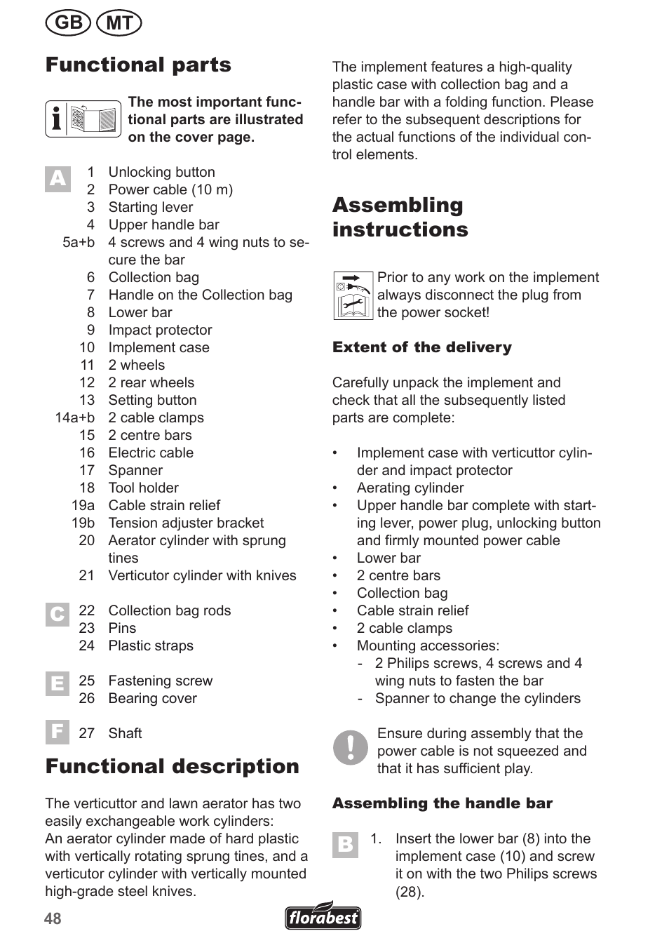 Functional parts, Functional description, Assembling instructions | Mt gb | Florabest FLV 1300 A1 User Manual | Page 48 / 74