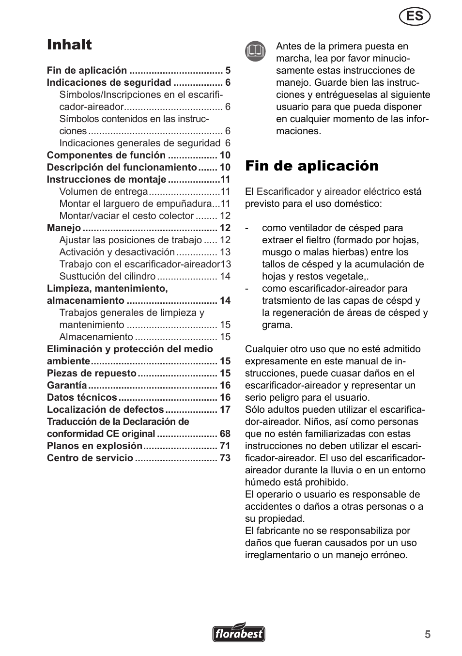 Inhalt, Fin de aplicación | Florabest FLV 1300 A1 User Manual | Page 5 / 74