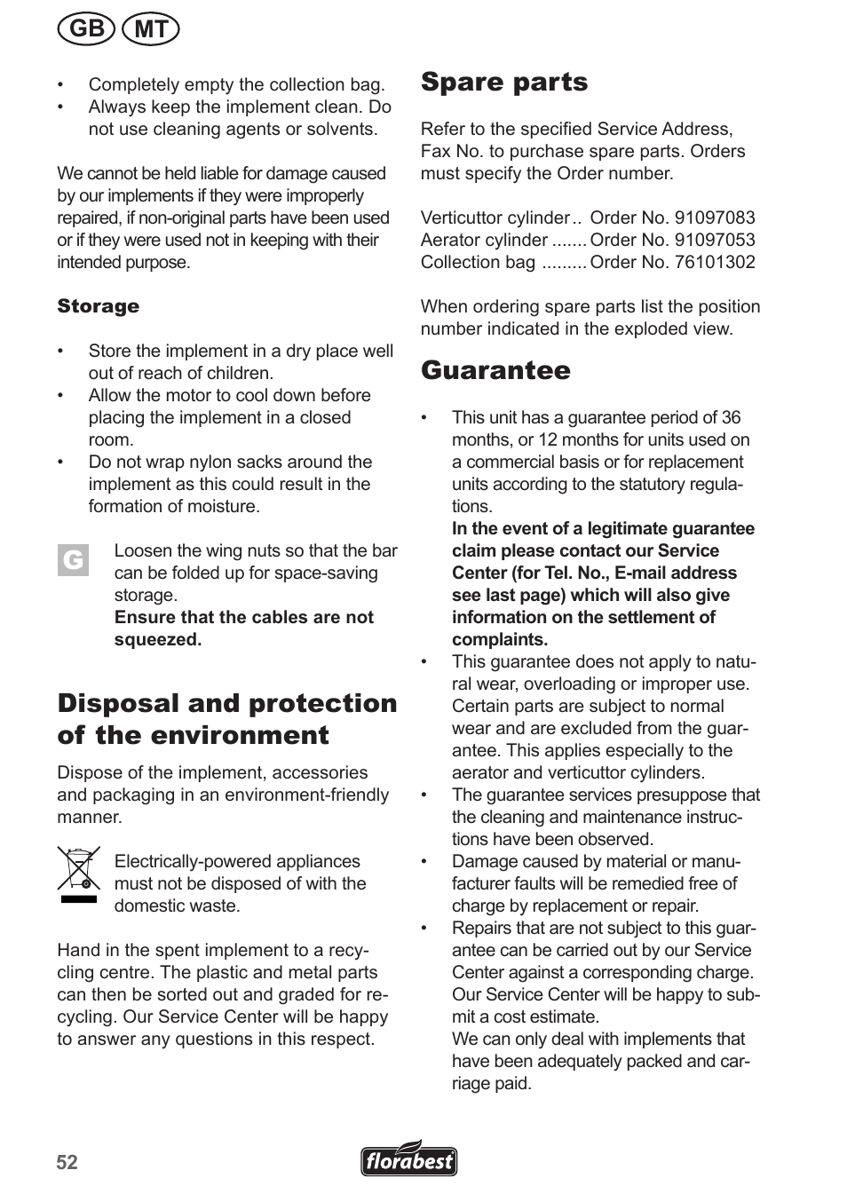 Disposal and protection of the environment, Spare parts, Guarantee | Mt gb | Florabest FLV 1300 A1 User Manual | Page 52 / 74