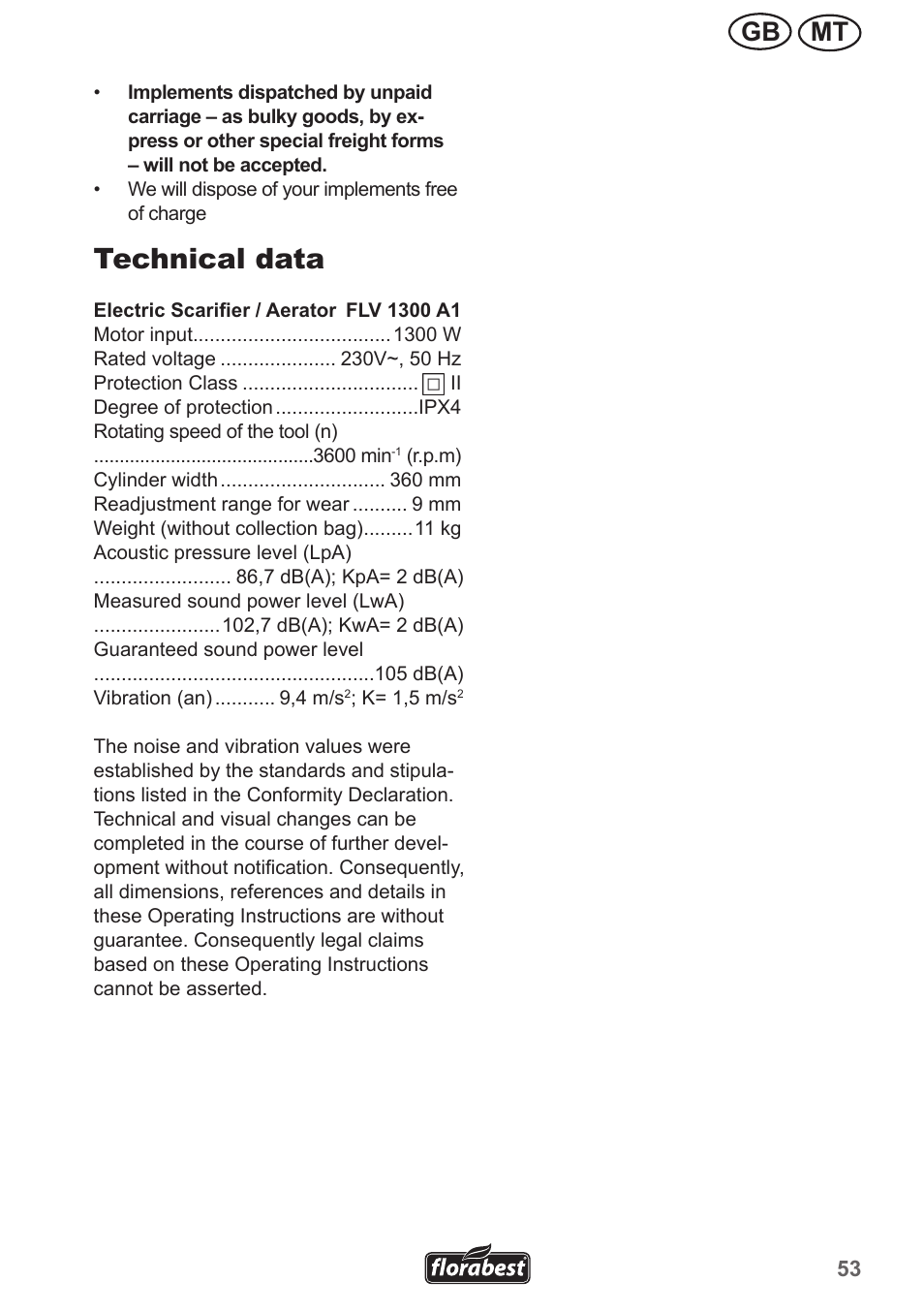 Technical data, Mt gb | Florabest FLV 1300 A1 User Manual | Page 53 / 74