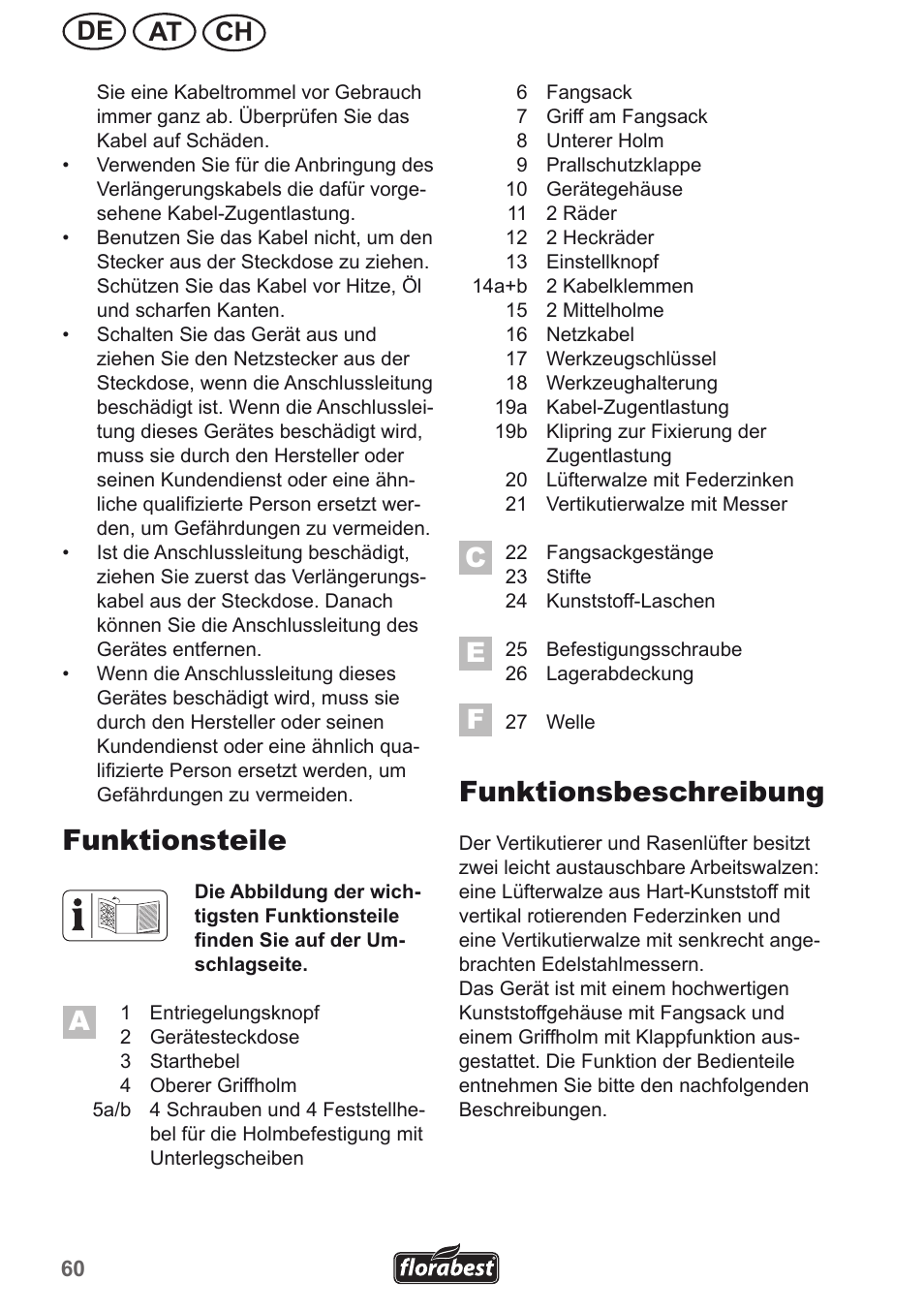 Funktionsteile, Funktionsbeschreibung, Ch at de | Florabest FLV 1300 A1 User Manual | Page 60 / 74