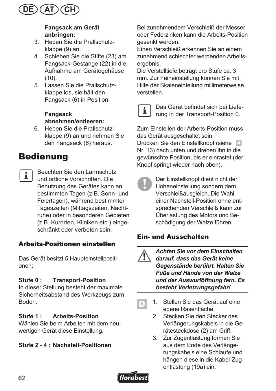 Bedienung, Ch at de | Florabest FLV 1300 A1 User Manual | Page 62 / 74