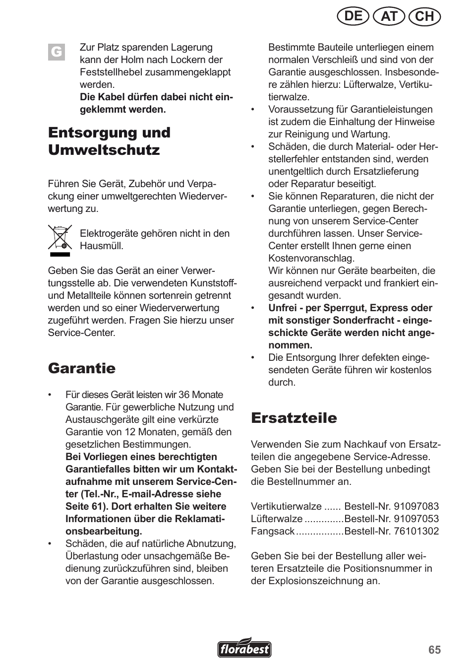 Entsorgung und umweltschutz, Garantie, Ersatzteile | Ch at de | Florabest FLV 1300 A1 User Manual | Page 65 / 74