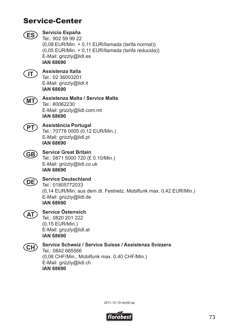 Service-center, Es it mt pt gb de at ch | Florabest FLV 1300 A1 User Manual | Page 73 / 74