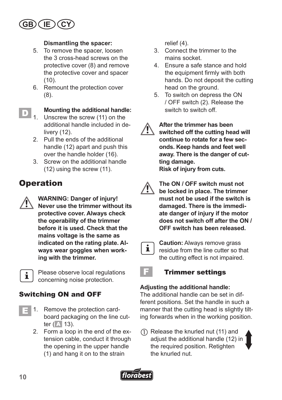 Operation, Gb ie cy | Florabest FRT 450 A1 User Manual | Page 10 / 34