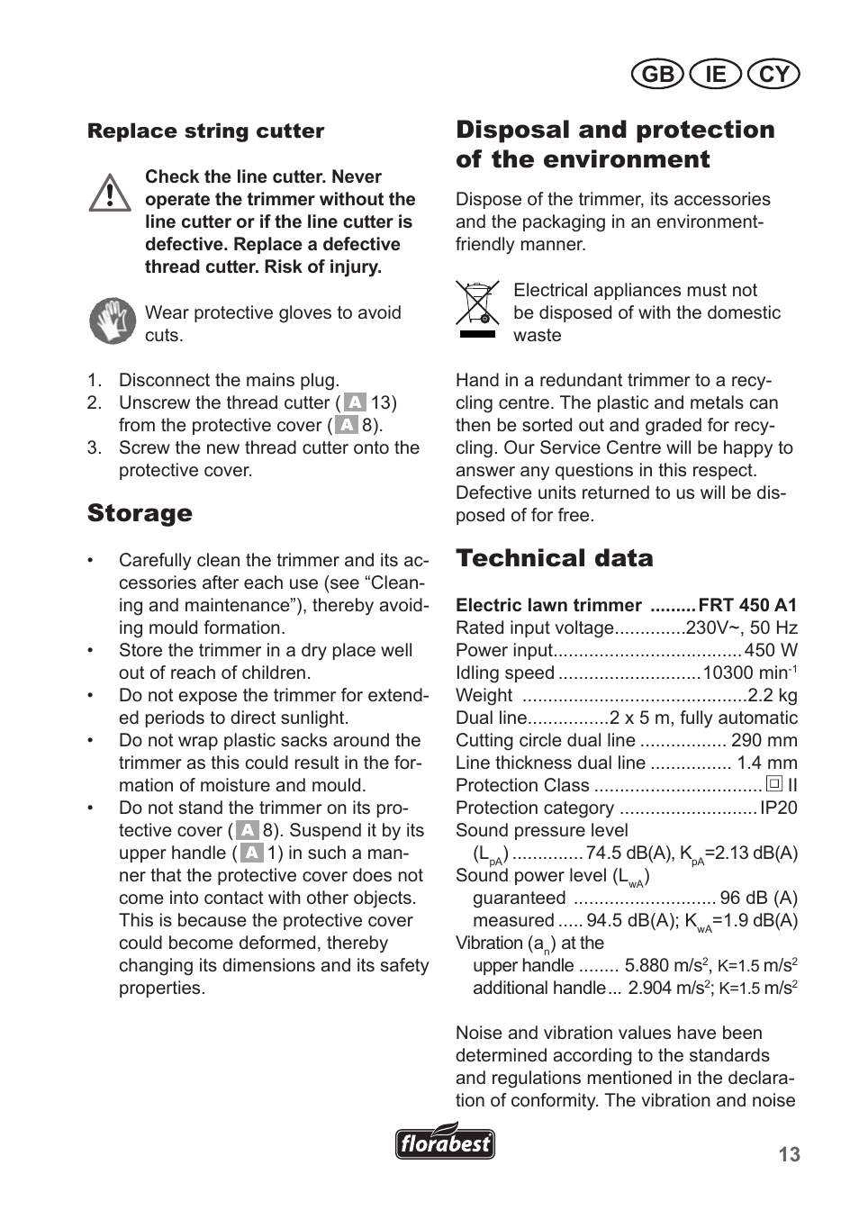 Storage, Disposal and protection of the environment, Technical data | Ie cy gb | Florabest FRT 450 A1 User Manual | Page 13 / 34