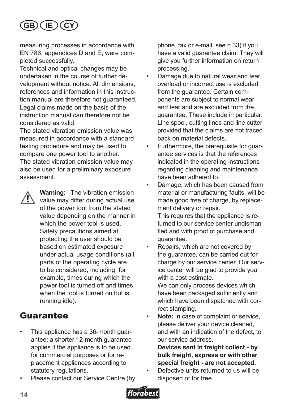 Guarantee, Gb ie cy | Florabest FRT 450 A1 User Manual | Page 14 / 34