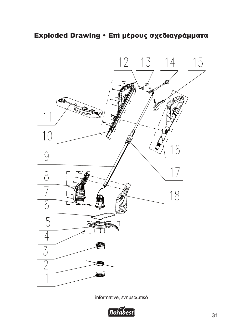 Exploded drawing • επί μέρoυς σχεδιαγράμματα | Florabest FRT 450 A1 User Manual | Page 31 / 34