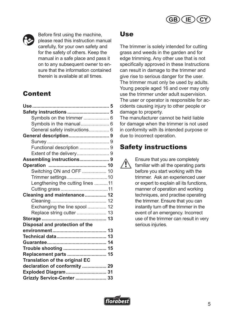 Content, Safety instructions, Ie cy gb | Florabest FRT 450 A1 User Manual | Page 5 / 34