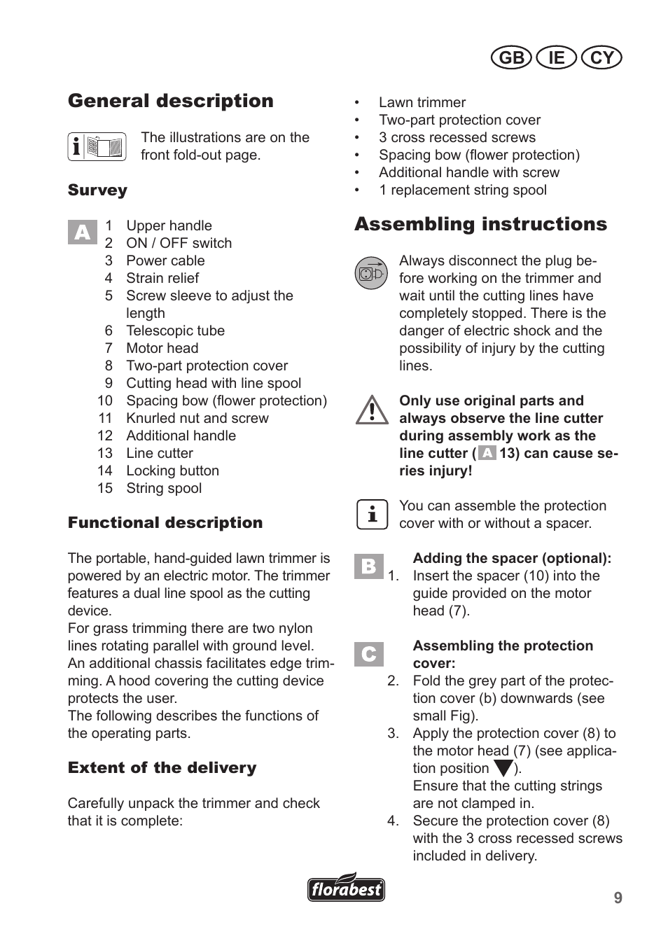 General description, Assembling instructions, Ie cy gb | Florabest FRT 450 A1 User Manual | Page 9 / 34
