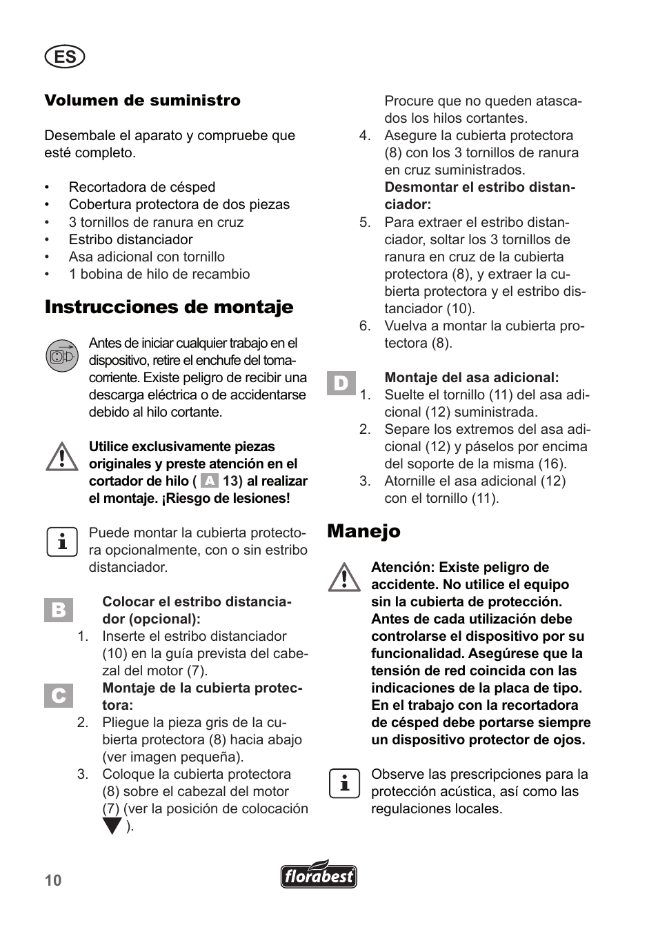 Instrucciones de montaje, Manejo | Florabest FRT 450 A1 User Manual | Page 10 / 70