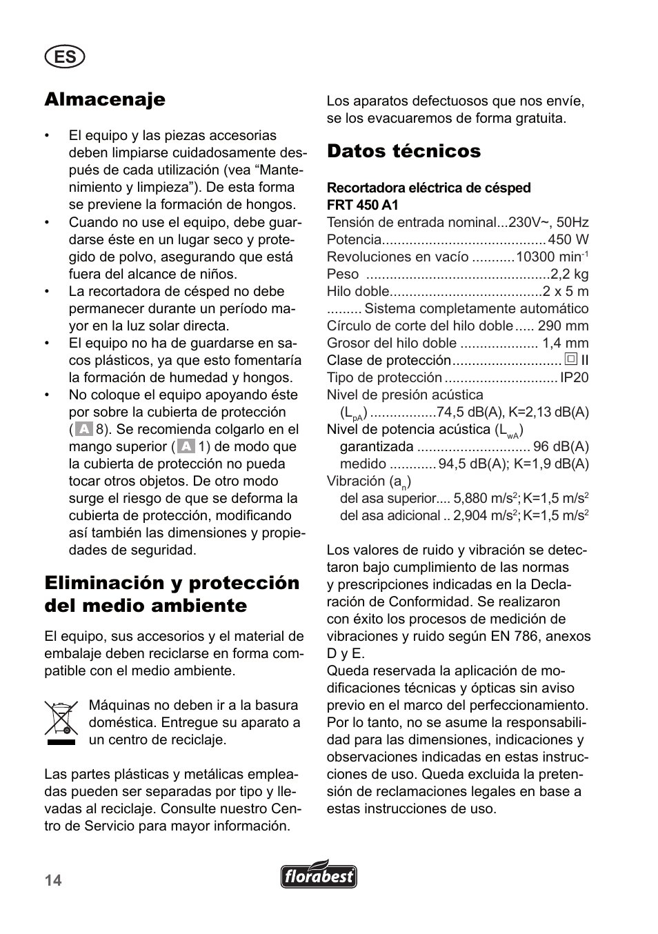 Almacenaje, Eliminación y protección del medio ambiente, Datos técnicos | Florabest FRT 450 A1 User Manual | Page 14 / 70
