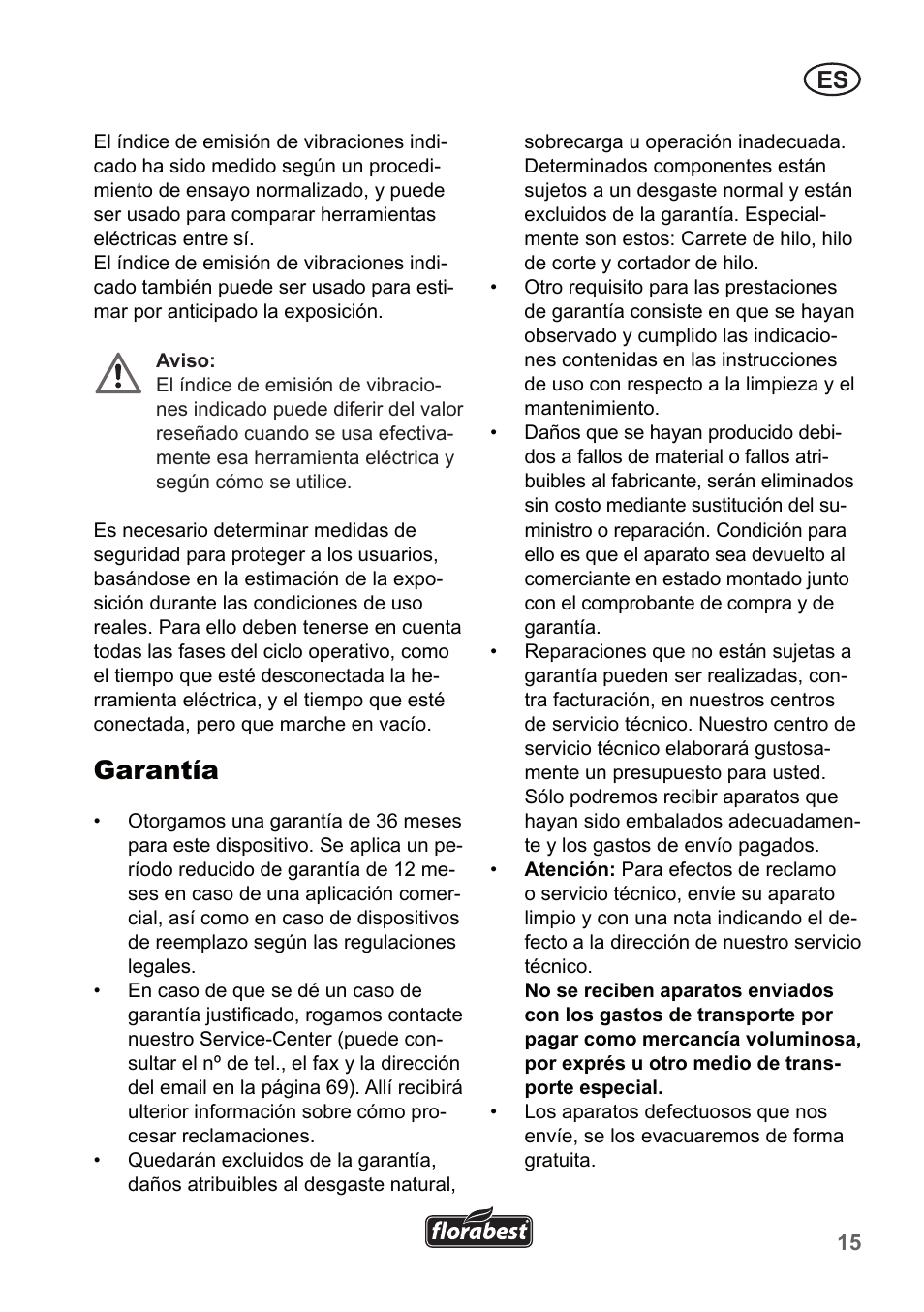 Garantía | Florabest FRT 450 A1 User Manual | Page 15 / 70