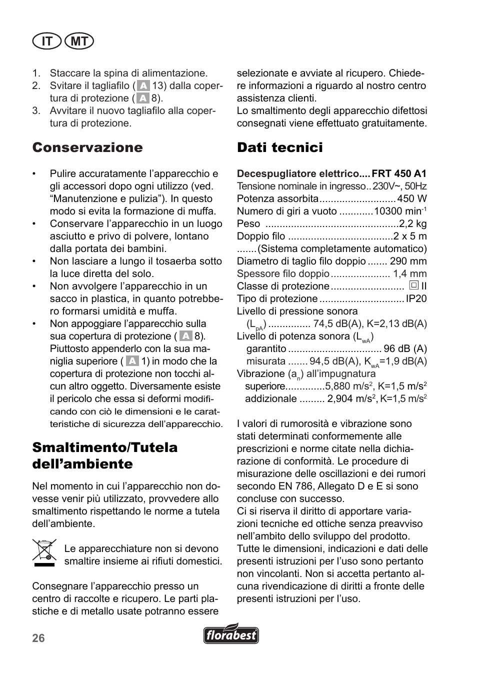 Conservazione, Smaltimento/tutela dell’ambiente, Dati tecnici | It mt | Florabest FRT 450 A1 User Manual | Page 26 / 70