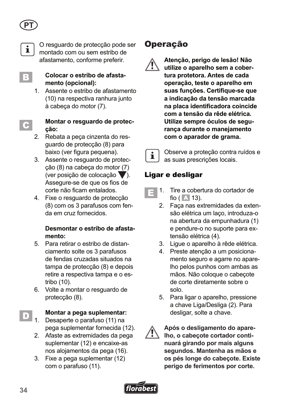 Operação | Florabest FRT 450 A1 User Manual | Page 34 / 70