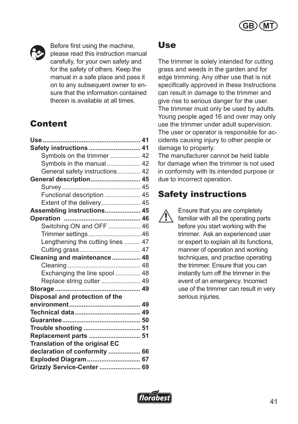 Content, Safety instructions, Gb mt | Florabest FRT 450 A1 User Manual | Page 41 / 70