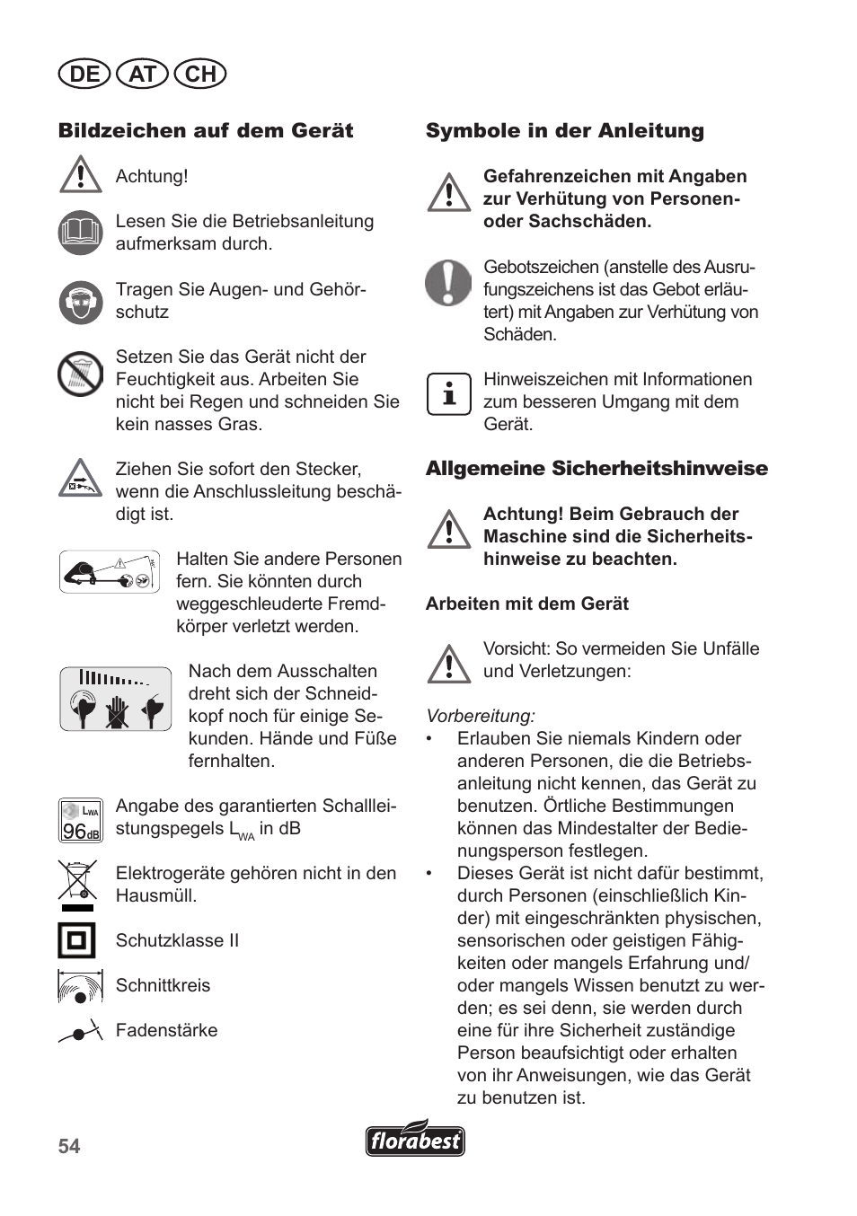 De at ch | Florabest FRT 450 A1 User Manual | Page 54 / 70