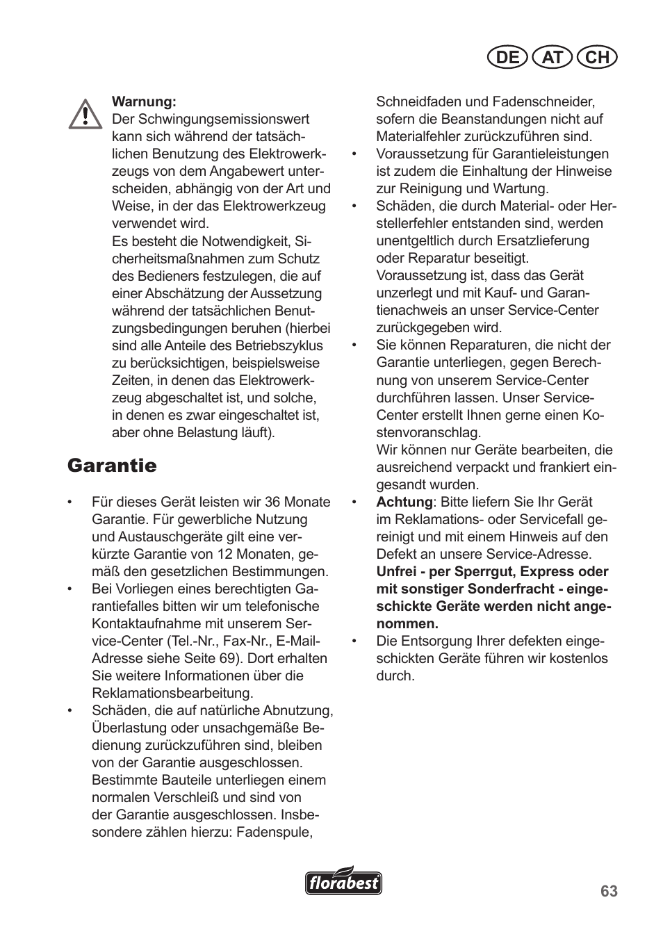 Garantie, De at ch | Florabest FRT 450 A1 User Manual | Page 63 / 70