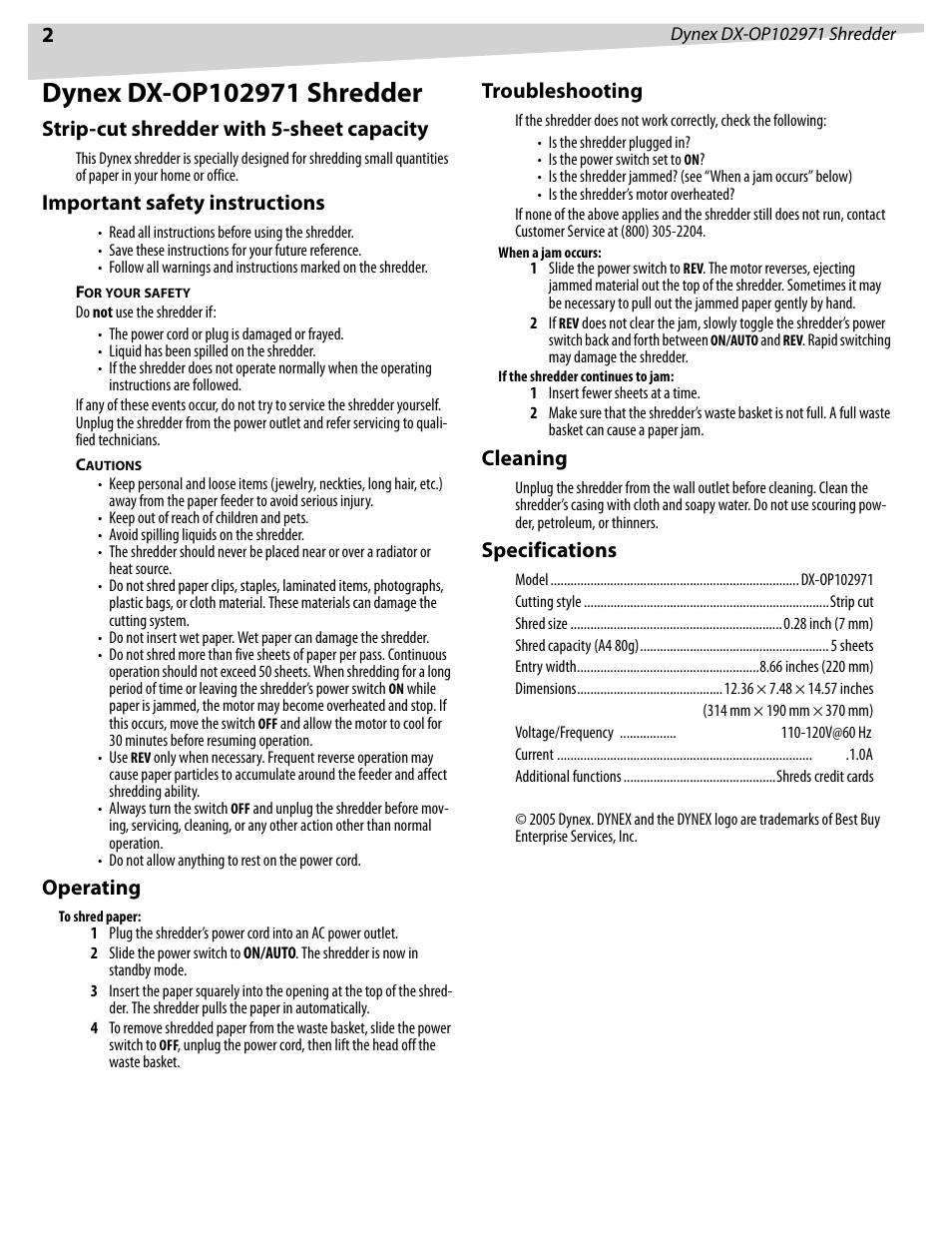 Strip-cut shredder with 5-sheet capacity, Important safety instructions, Operating | Troubleshooting, Cleaning, Specifications | Dynex DX-OP102971 User Manual | Page 2 / 5